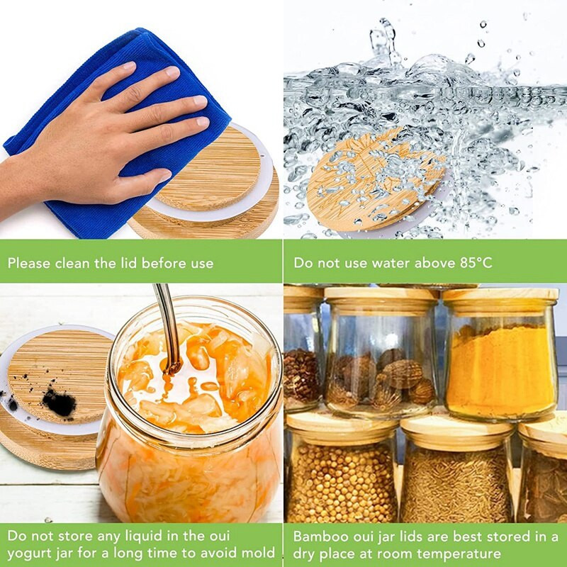 Poklopci za staklenke jogurta, set poklopaca za staklenke jogurta od bambusa, poklopci od bambusa za staklenke jogurta, poklopci staklenki jogurta sa silikonskim brtvenim prstenovima