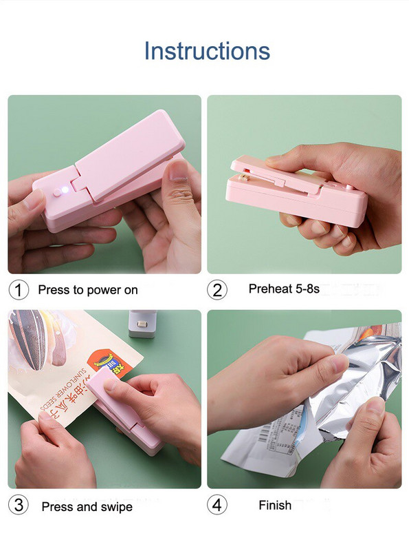 2 viename USB įkraunamas nešiojamas mini sandariklis namų šilumos maišelis Plastikinis maisto užkandžių maišelių sandarinimo mašina Mini vakuuminis maisto sandariklis