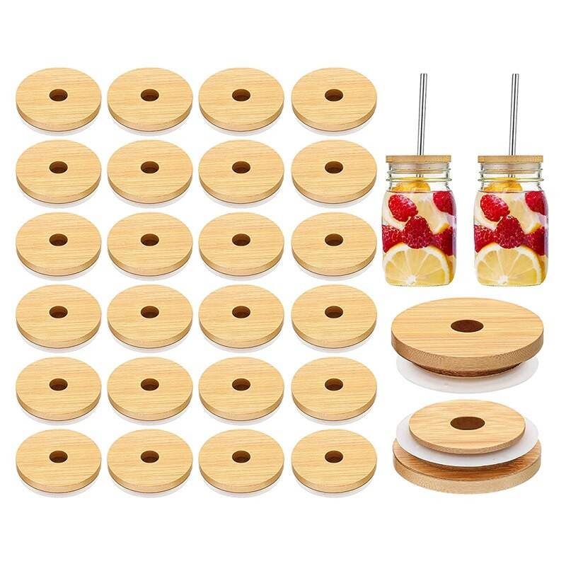 Bambusz tégelyfedelek szalmalyukkal Újrafelhasználható tégelyfedelek Szivárgásmentes Üvegdobozos ivóvíztároló üvegek Konzervfedelek