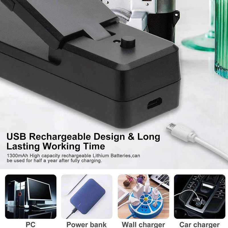 Mini etanșare pentru pungi Dispozitive de etanșare 2-în-1 Dispozitive de etanșare și tăiere cu vid, reîncărcabile, portabile, pentru depozitarea pungilor de plastic, bucătărie