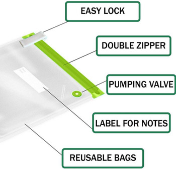 Συσκευασία κενού Sous Vide Bag Kit Επαναχρησιμοποιήσιμες σακούλες αποθήκευσης τροφίμων με βαλβίδα αέρα και αντλία αέρα Work by Handle