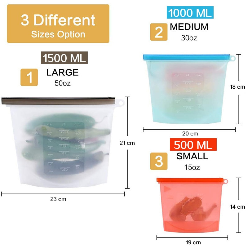 Silikonske vrećice za pohranu hrane za višekratnu upotrebu u 3 veličine, hermetički zatvorena vrećica za spremnik za čuvanje hrane za svježinu povrća i voća