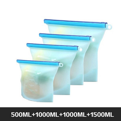 Vrećice za pohranu hrane za višekratnu upotrebu Bez BPA Paket od 4 paketa sa patentnim zatvaračem Set silikonskih vrećica za hranu za zamrzivač i mikrovalnu perivu vrećicu za ručak sa patent zatvaračem