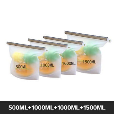 Vrećice za pohranu hrane za višekratnu upotrebu Bez BPA Paket od 4 paketa sa patentnim zatvaračem Set silikonskih vrećica za hranu za zamrzivač i mikrovalnu perivu vrećicu za ručak sa patent zatvaračem