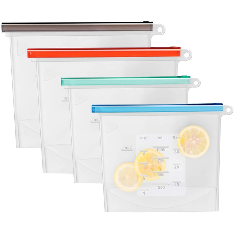 Vrećice za pohranu hrane za višekratnu upotrebu Bez BPA Paket od 4 paketa sa patentnim zatvaračem Set silikonskih vrećica za hranu za zamrzivač i mikrovalnu perivu vrećicu za ručak sa patent zatvaračem