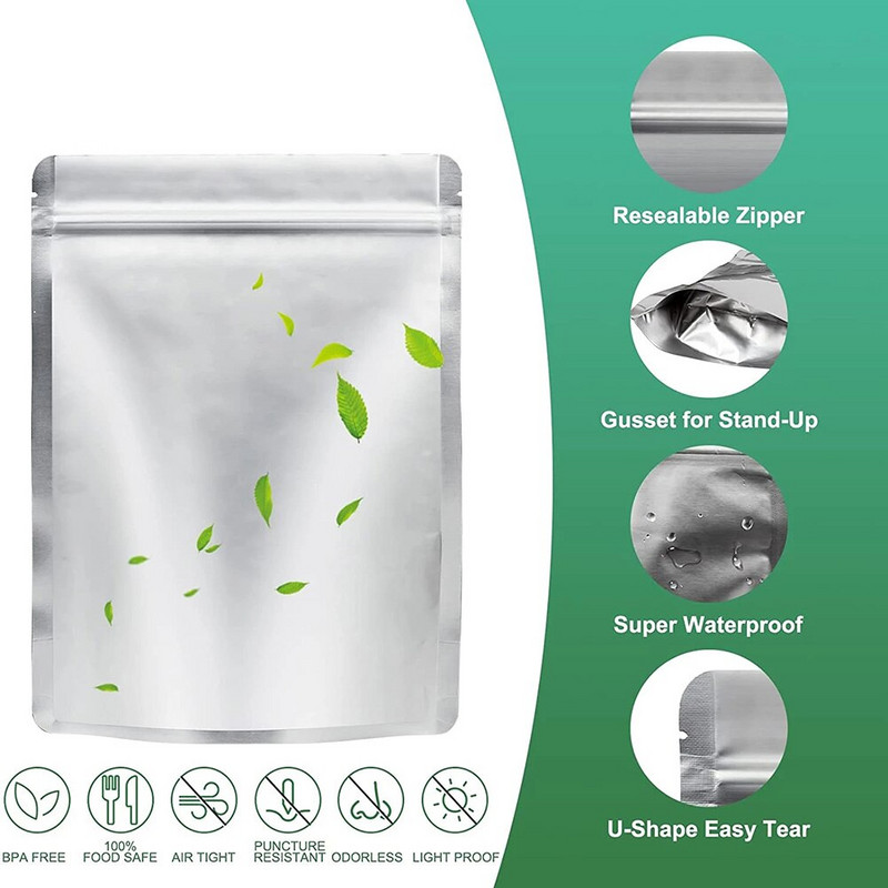 Pakkige 50 Mylari kotti toidu säilitamiseks hapnikuabsorberitega Mylari säilituskotid Taassuletavad kotid teraviljade kaunviljade jaoks