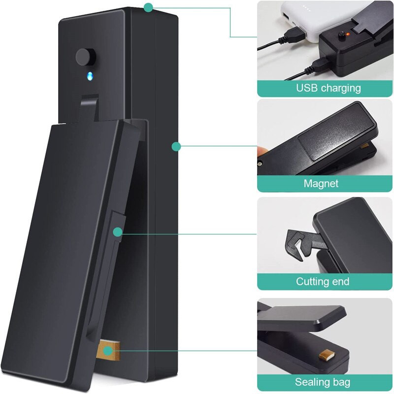 ABS 2 viename USB įkraunamas maisto sandariklis Mini karšto sandarinimo įtaisai su pjaustytuvu, nešiojamieji sandarikliai, skirti maisto laikymui, pakavimo spaustukai