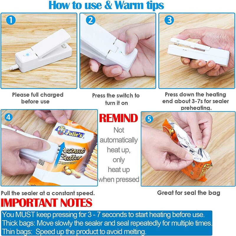 Pametni USB punjivi uređaj za zavarivanje hrane 2 u 1, mini zavarivači za toplinu s nožem za rezanje, prijenosni zavarivači za pohranu hrane, pakiranje, kopče, alati