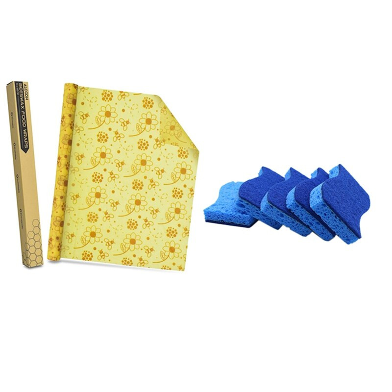 Rulă de ambalaj alimentară din ceară de albine Folie de albine reutilizabilă cu 12 pachete de perie de spălat vase burete din bumbac Kapok