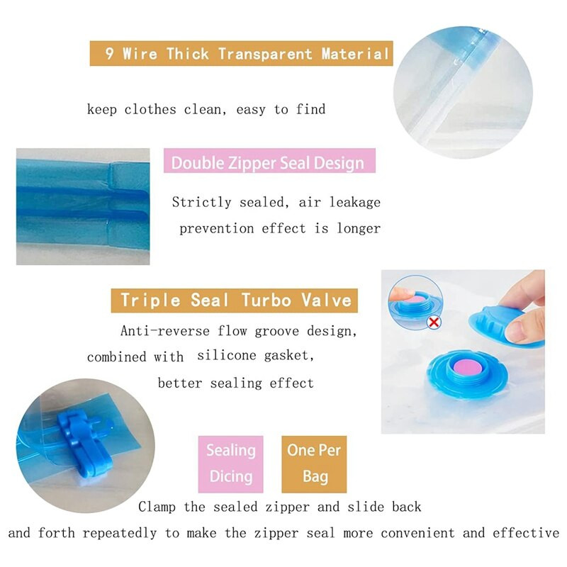Saci de depozitare în vid, pachet de 4, sigiliu cu fermoar dublu reutilizabil pentru pilote, lenjerie de pat, perne, haine, pilote, pulover, plapușe