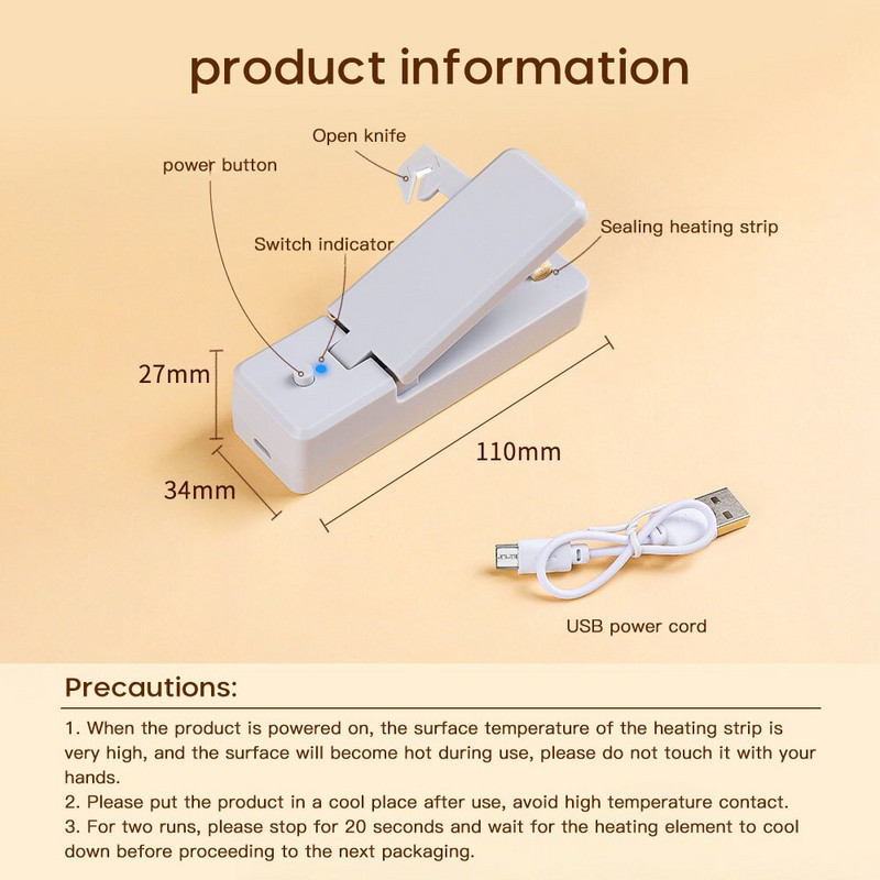 Naujo stiliaus rankinio presavimo maišelio spaustukas mažas buitinis įkraunamas nešiojamas plastikinis užkandžių maišelis šviežiai išlaikantis drėgmei atsparus sandariklis