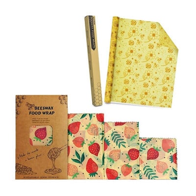 4 ks voskových fólií na potraviny, opakovane použiteľná fólia, alternatívne skladovanie potravín, udržiava potraviny čerstvé, Little Bee & Strawberry