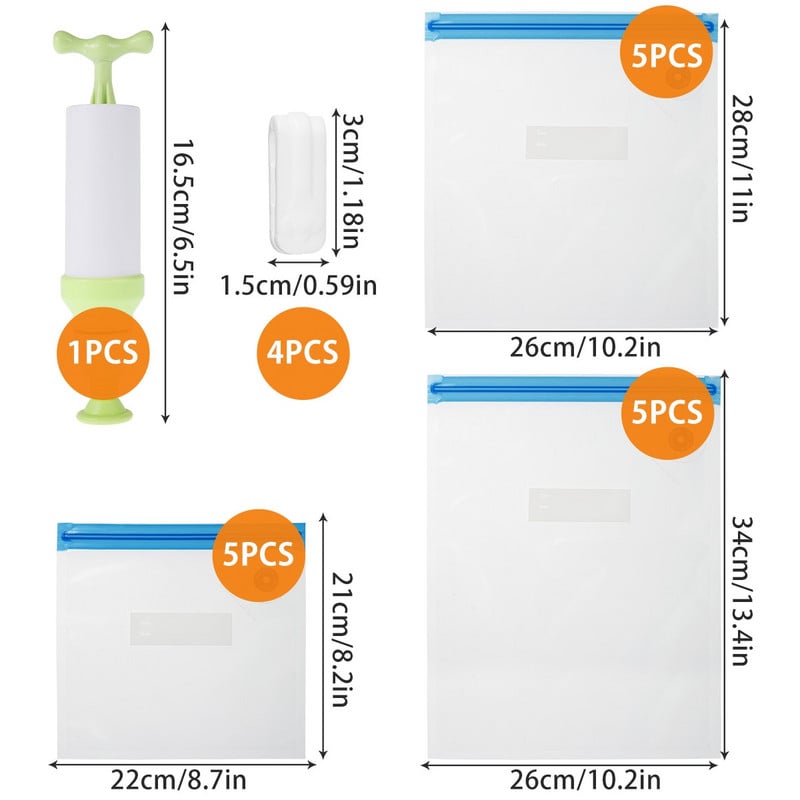 Súprava vákuových vreciek Sous Vide, 20 ks, opakovane použiteľných vreciek na uskladnenie potravín, 15 ks, 3 veľkosti, 4 uzatváracie spony, 1 ručná pumpa