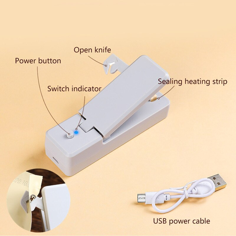 Mini sigilator pentru pungi de plastic 2-în-1, portabil, reîncărcabil, portabil, dispozitiv de tăiere cu vid pentru pungi de plastic, pentru depozitarea alimentelor