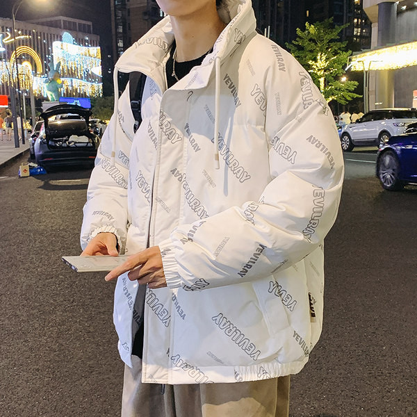 Geacă de iarnă pentru bărbați cu șireturi cu glugă și inscripție