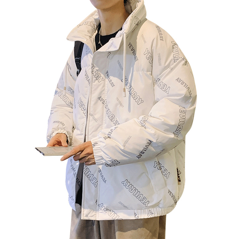 Geacă de iarnă pentru bărbați cu șireturi cu glugă și inscripție