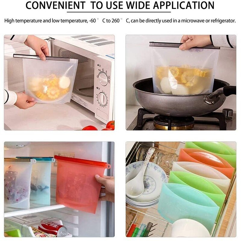 4 vnt. / rinkinys 1500 ml silikoniniai maisto maišeliai Daugkartinio naudojimo maisto produktų šviežiai išlaikantis vakuuminis maišelis su užtrauktuku Nelaidus maišelis, skirtas maisto laikymo maišeliui šaldiklyje