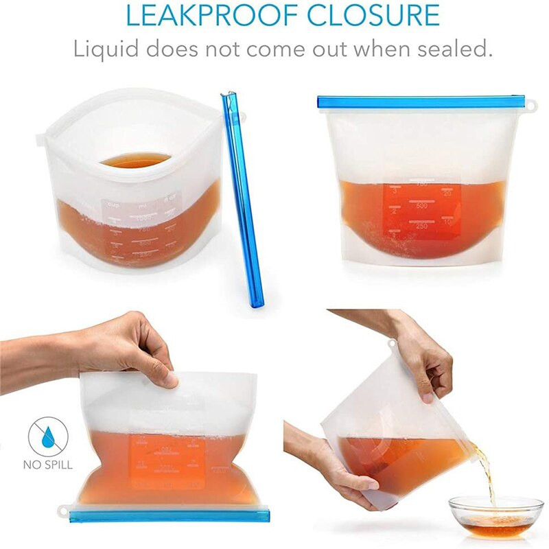 4 vnt. / rinkinys 1500 ml silikoniniai maisto maišeliai Daugkartinio naudojimo maisto produktų šviežiai išlaikantis vakuuminis maišelis su užtrauktuku Nelaidus maišelis, skirtas maisto laikymo maišeliui šaldiklyje