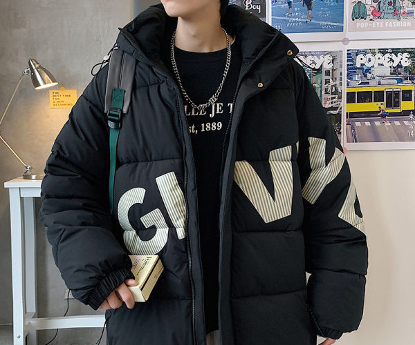 Geacă de iarnă pentru bărbați cu șireturi și inscripții