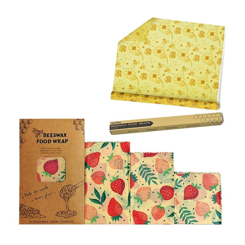 4 bucăți role de ambalaj alimentar din ceară de albine Folie reutilizabilă Depozitarea alternativă a alimentelor păstrează alimentele proaspete Albină mică și căpșuni