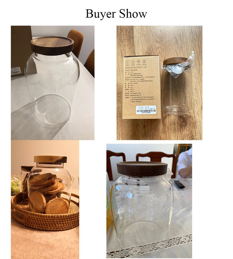 350-3000 мл дървен капак Стъклени кухненски бутилки за съхранение Буркани Голям контейнер за храна Зърна Чай Кафе на зърна Зърна Контейнери за буркани за бонбони