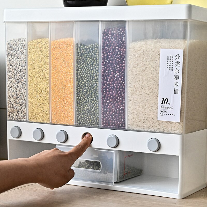 10L nástenný samostatný vedro na ryžu, dávkovač obilnín, vlhkosť odolný plastový automatický stojan, uzavretý dávkovací box na potraviny