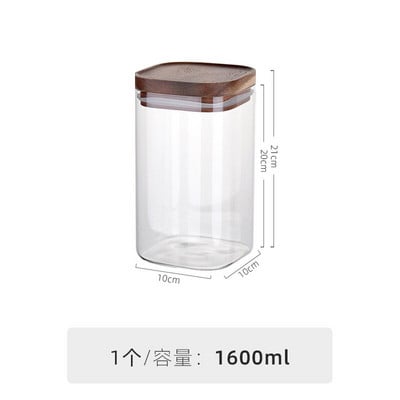 800-2400 мл хранителни квадратни стъклени буркани Кухненски дървен капак Хранителни стоки Кафе на зърна Чай Затворен буркан Кутии за домакински бутилки