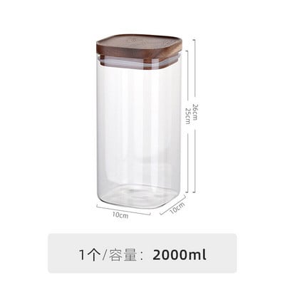 800-2400 мл хранителни квадратни стъклени буркани Кухненски дървен капак Хранителни стоки Кафе на зърна Чай Затворен буркан Кутии за домакински бутилки