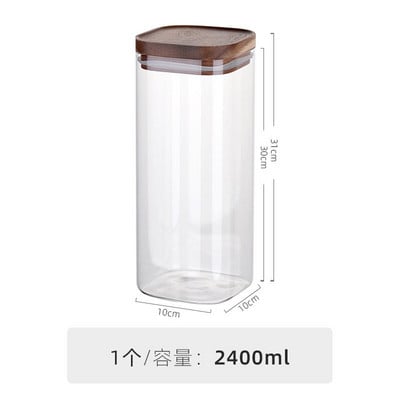 800-2400 мл хранителни квадратни стъклени буркани Кухненски дървен капак Хранителни стоки Кафе на зърна Чай Затворен буркан Кутии за домакински бутилки