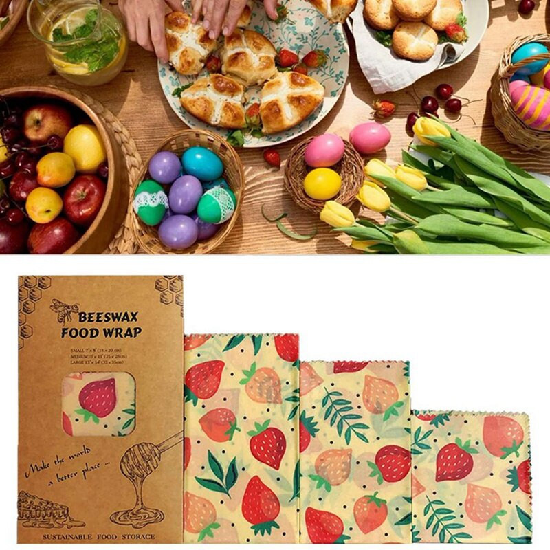 4 ks voskových fólií na potraviny, opakovane použiteľná fólia, alternatívne skladovanie potravín, udržiava potraviny čerstvé, Little Bee & Strawberry
