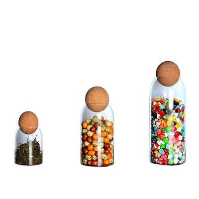 Голям кухненски буркан за съхранение Коркова топка Капак Стъклен контейнер за храна Бутилка Подправки Запечатани кутии за кафе Дозатор за зърнени храни Комплект Organizadores