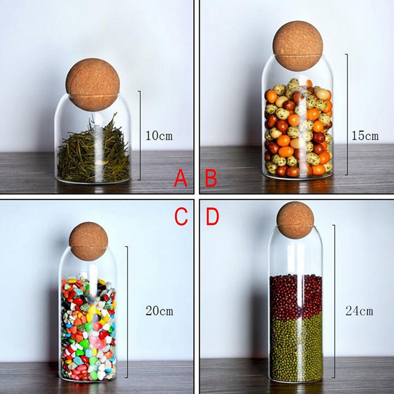 Голям кухненски буркан за съхранение Коркова топка Капак Стъклен контейнер за храна Бутилка Подправки Запечатани кутии за кафе Дозатор за зърнени храни Комплект Organizadores