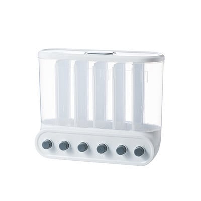 6 решетки Стенен диспенсър за зърнени храни Запечатан резервоар за съхранение на храна за оризови зърна Кофа Контейнери Прозрачна преса Органайзер Кутия