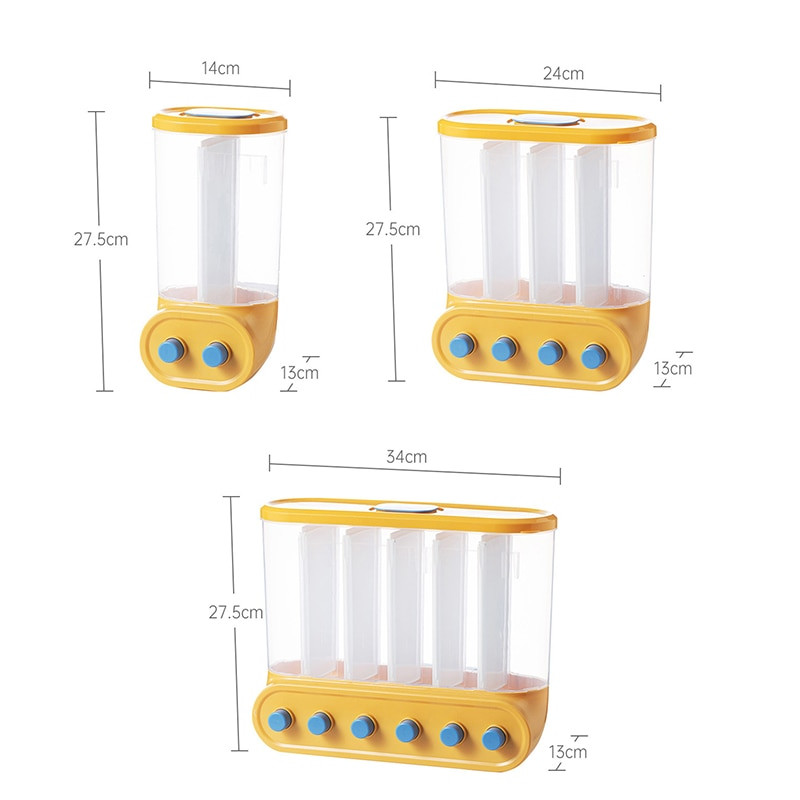 6 решетки Стенен диспенсър за зърнени храни Запечатан резервоар за съхранение на храна за оризови зърна Кофа Контейнери Прозрачна преса Органайзер Кутия