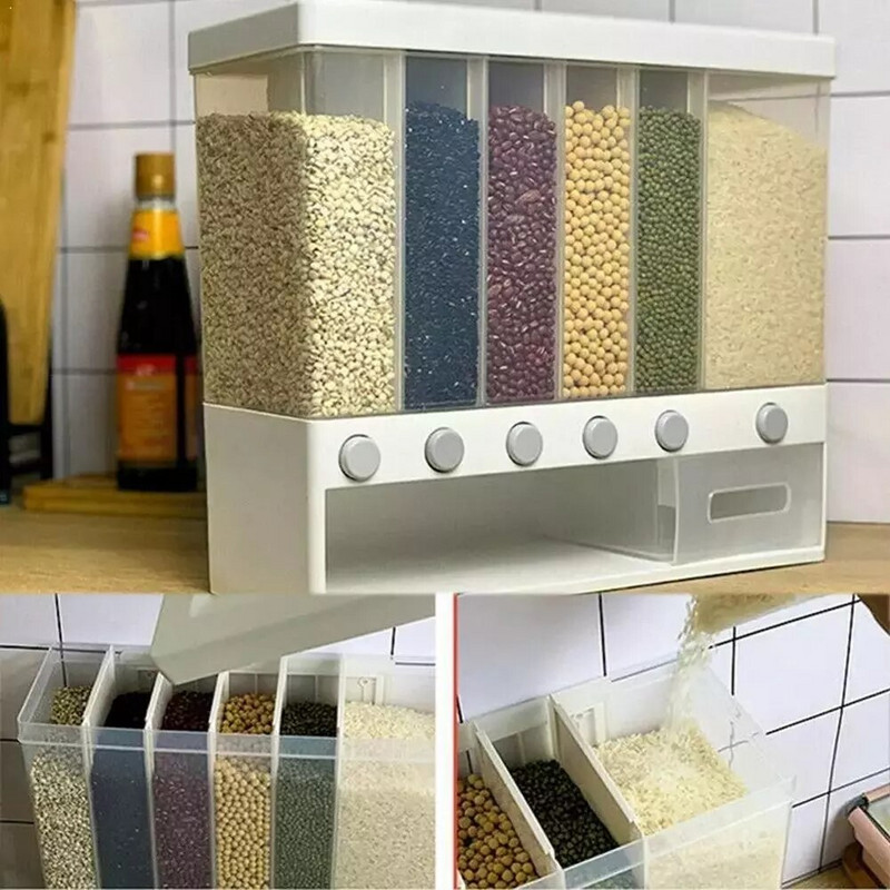 Oddelené vedro na ryžu, uzatvorená nádoba na obilie, dávkovač suchého jedla, úložný box na obilie, kuchynský organizér, úložný box