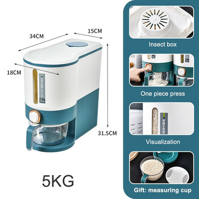5 kg 10 kg grūdų ryžių dozatorius sandarus plastikinis grūdų kibiras Sauso naminių gyvūnėlių ėdalo konteineris virtuvės ryžių laikymo bakas laikymo dėžutė su puodeliu