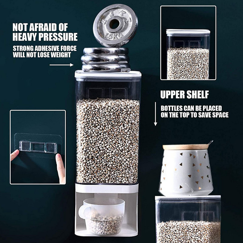 Zidni dozator žitarica Posude za žitarice Skladištenje Hermetički nepropusni dozator riže s 2 rešetke Kanta za zrno Kuhinjska kutija za pohranu hrane za