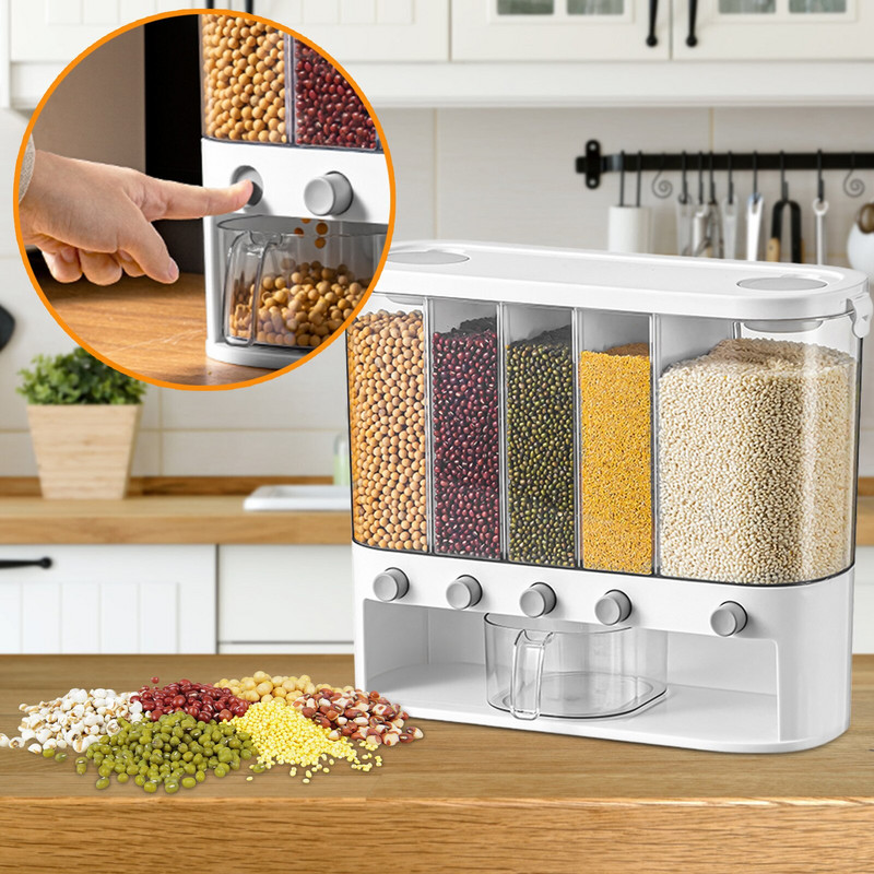 Dozator de orez Dozator de cereale etanș cu 5 grile, blat, Container de depozitare a alimentelor uscate de 12 l pentru boabe de soia, făină, montat pe perete