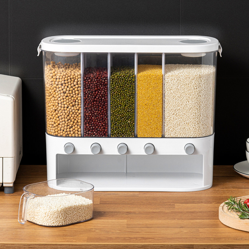 Dozator de orez Dozator de cereale etanș cu 5 grile, blat, Container de depozitare a alimentelor uscate de 12 l pentru boabe de soia, făină, montat pe perete