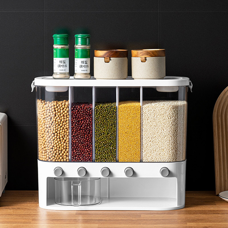 Dozator de orez Dozator de cereale etanș cu 5 grile, blat, Container de depozitare a alimentelor uscate de 12 l pentru boabe de soia, făină, montat pe perete