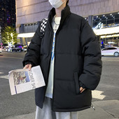 Jachetă de iarnă pentru bărbați de culoare uni, cu fermoar și șireturi cu guler înalt