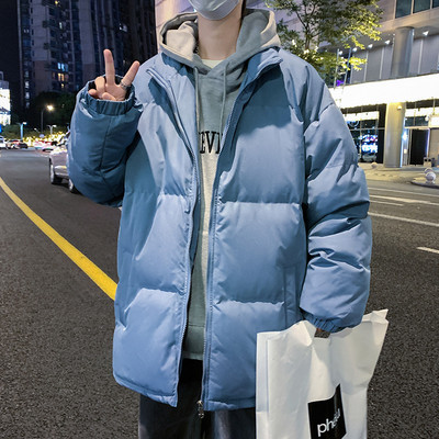 Jachetă de iarnă pentru bărbați de culoare uni, cu fermoar și șireturi cu guler înalt