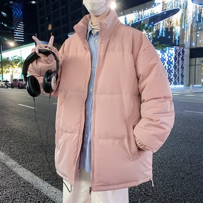 Jachetă de iarnă pentru bărbați de culoare uni, cu fermoar și șireturi cu guler înalt