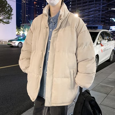 Jachetă de iarnă pentru bărbați de culoare uni, cu fermoar și șireturi cu guler înalt