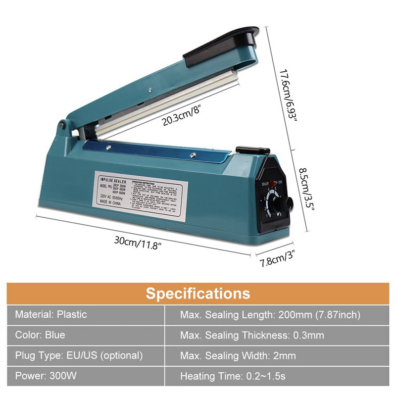 KKmoon 8-inch Impulse Sealer Aparat manual de sigilare termica PE/PP Sigilator de pungi pentru acasa, restaurant, ambalare alimente, unelte de bucatarie