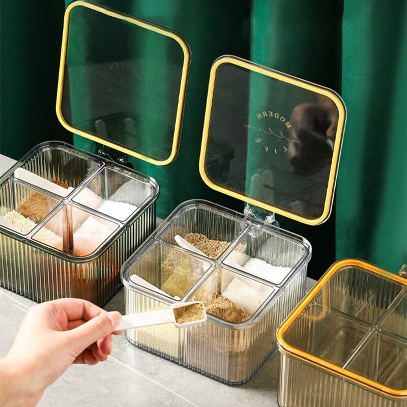 Domácnosť Štyri v jednej mriežke Priehľadná korenie Box Odnímateľné svetlo Luxusné korenie Hrnce Úložný priestor na korenie Kuchynské doplnky