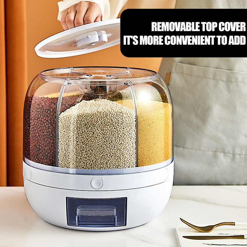 Besisukantis grūdų balionėlis Besisukantis grūdų dozatorius 6 tinklelių sauso maisto laikymo talpykla Geras sandarumas ir drėgmei atsparūs ryžiai