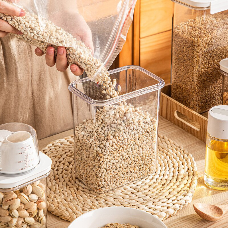 Užsandarintas permatomas maisto laikymo dėžutės bakas ryžių kibiras Konteineris Sausų prekių tvarkytuvas Grūdų dozatoriaus stiklainis biriems grūdams