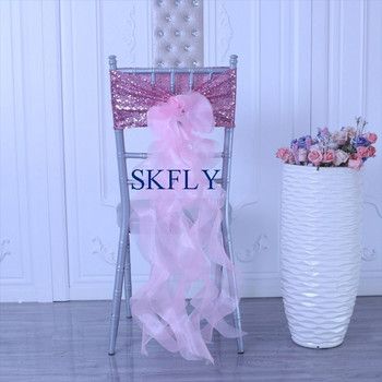 SH105H нов изработен по поръчка изискан сватбен руж розов тъмносин горещо розов златни пайети лента за стол с къдрава лента от върба