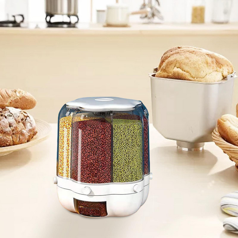 6 Tinklelis uždarytas besisukantis plastikinis ryžių dozatorius Apvalus sauso maisto grūdų dulkėms atsparus konteineris Virtuvės prietaisas, laikymo įrankiai Ryžių kibiras